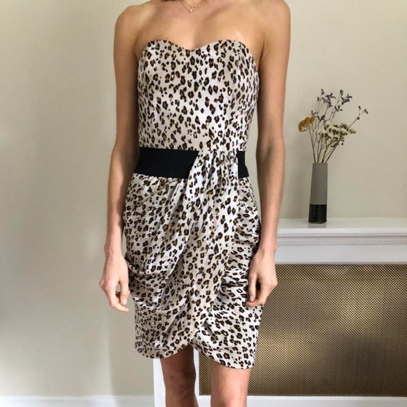 Reiss Leopard Cheetah Strapless Dress Wrap Black Waist Band‎  size 4 - Picture 1 of 12